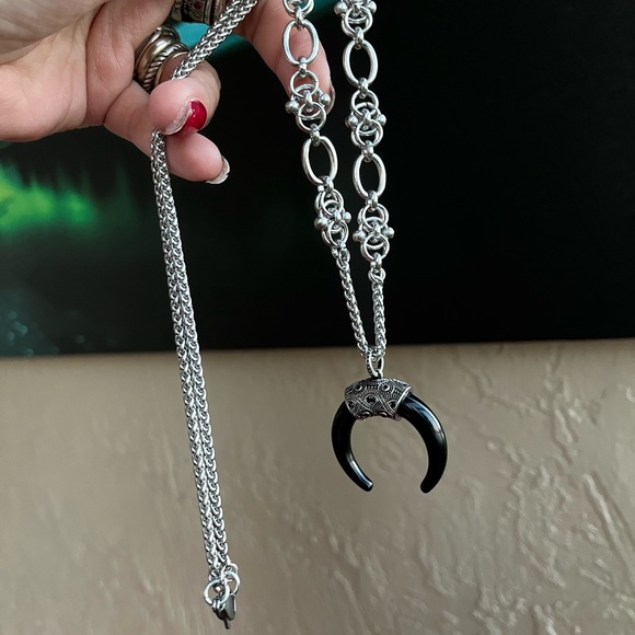 Sterling silver moon & handcrafted stainless steel links long chain necklace - Picture 3 of 16